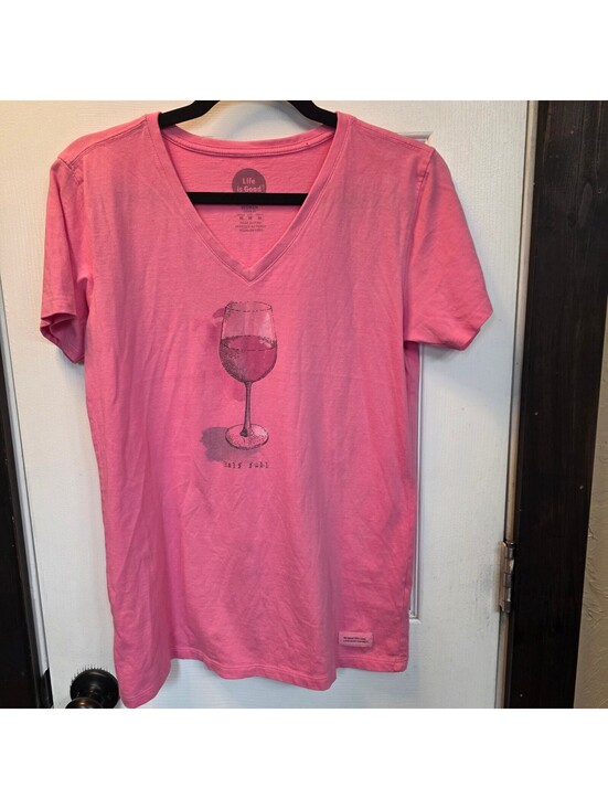 Life Is Good Tops - Life is Good Women's Pink V-Neck T-Shirt with Wine Glass Graphic-Size Medium